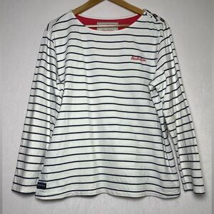 Brakeburn Striped Long Sleeve Coastal Basic Golf White Navy Cotton Top Size 14